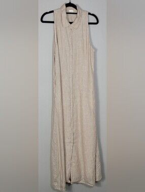 Magaschoni 100% Linen Striped Button Front Maxi Shirt Dress Size Medium